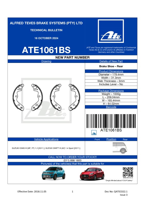 ATE1061BS NEW! Brake Shoe for Suzuki Ignis III 1.2 2017- and Suzuki Swift III 1.4 Sport  2017-. featured image